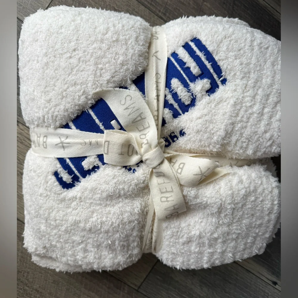 NWT Jeopardy! Barefoot Dreams Cream Throw Blanket Blue Lettering